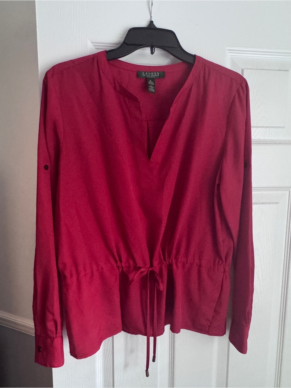 Ralph Lauren Red V-Neck Drawstring Waist Blouse Petite Large Americana